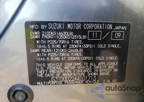 2010 Suzuki Grand Vitara Premium z USA, uszkodzony, nr VIN JS3TD0D22A4101713